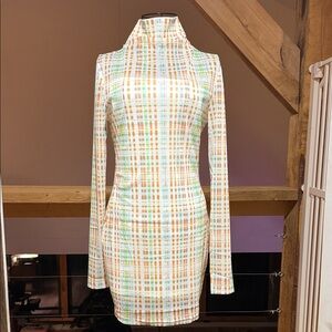 ATOIR 2Pc Sheer Turtleneck Long-Sleeve Plaid Bodycon Dress. Cute Easter Dress